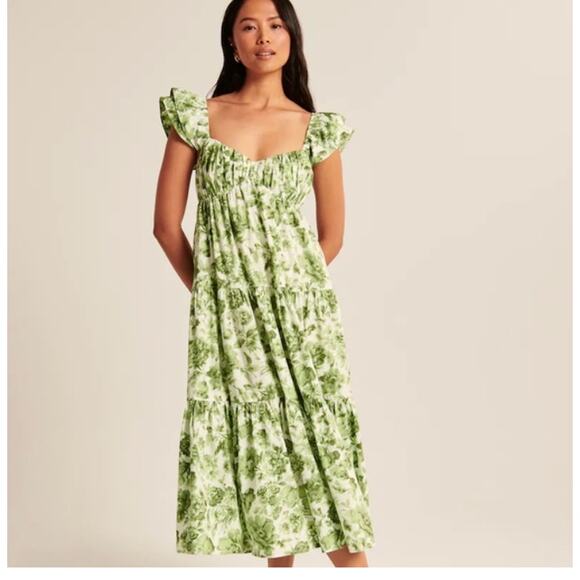 Abercrombie & Fitch Dresses & Skirts - Abercrombie & Fitch Green Floral Print Tiered Midi Dress Small